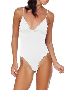 Costume da bagno, collezione SS20. Monokini Donna, dotato di imbottitura estraibile, in tessuto lycra bianco arricciato sui bordi Composizione: 86% Poliammide e 14% Elastan Lavaggio: Lavare a mano in acqua tiepida